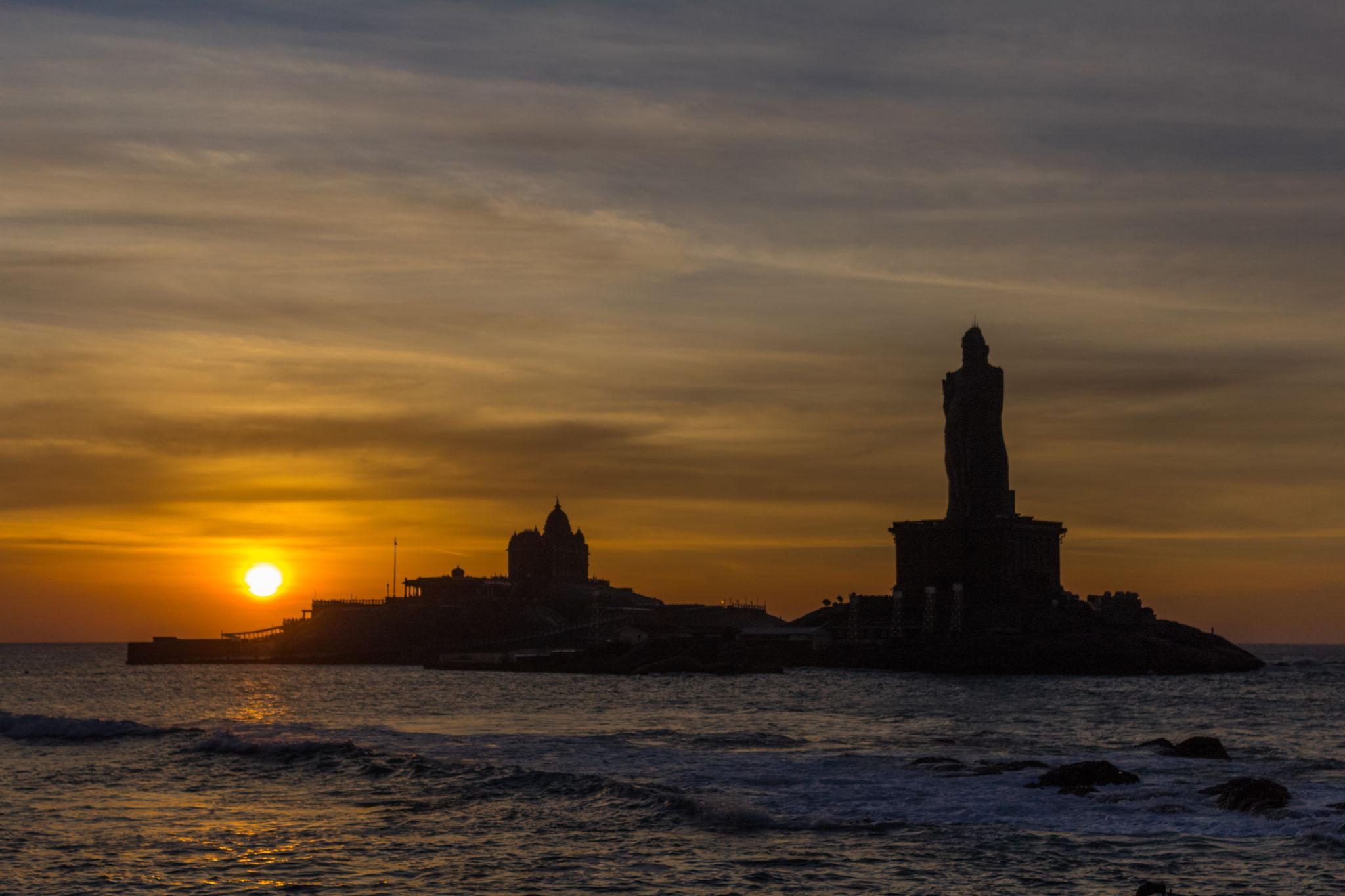 Panoramic coastal view of Kanyakumari with ocean stretching to the horizon
