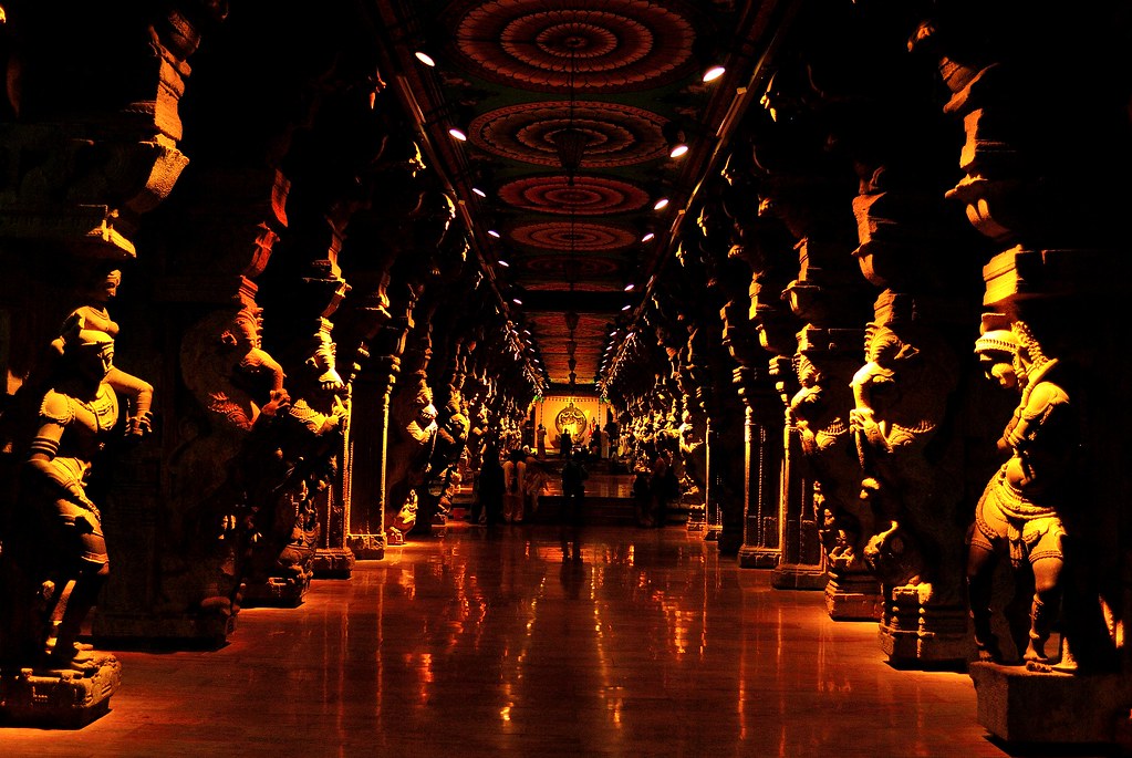 Intricately carved pillars inside the Hall of Thousand Pillars at Meenakshi Temple