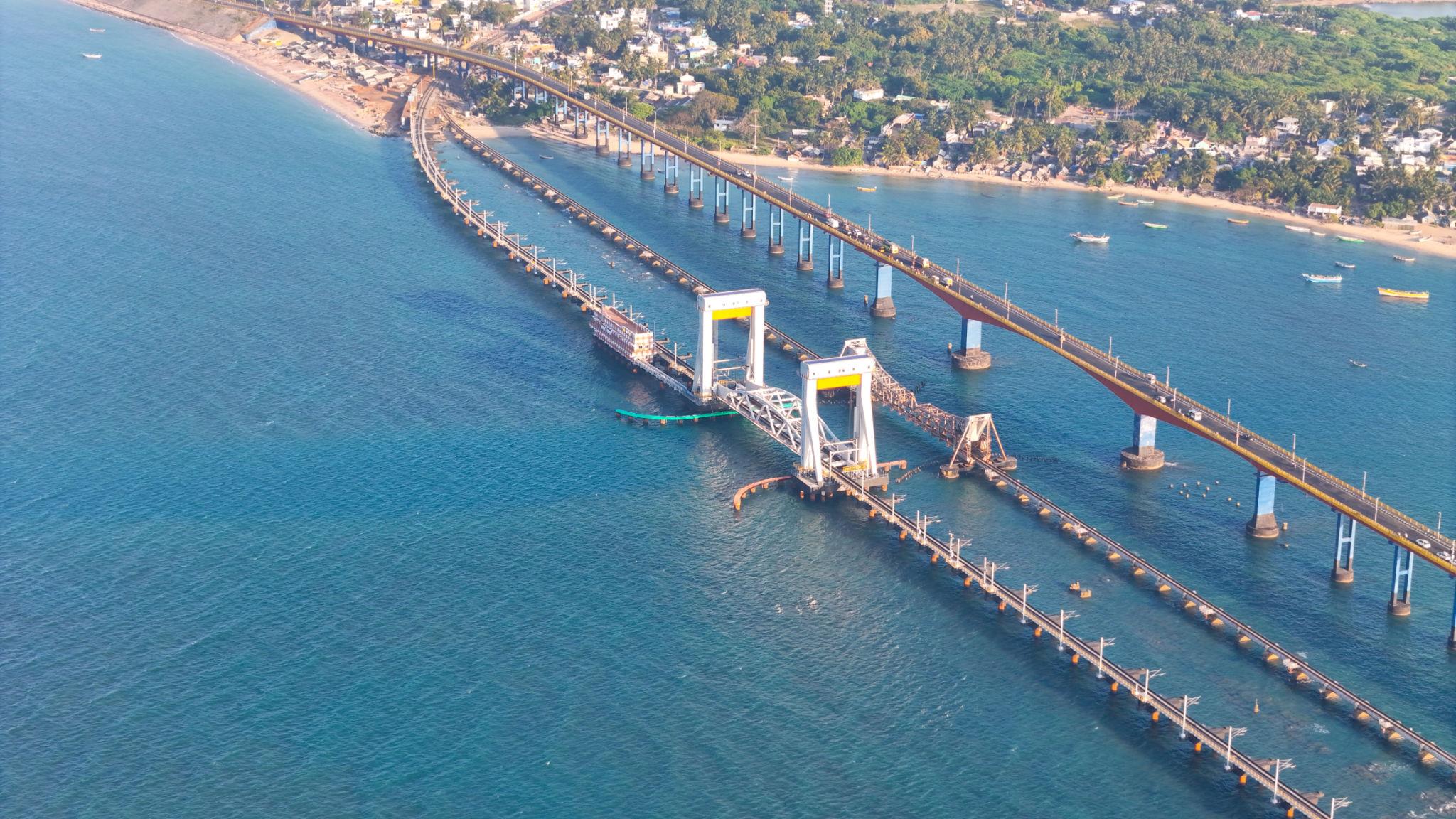 Aerial view of Pamban Bridge connecting the island