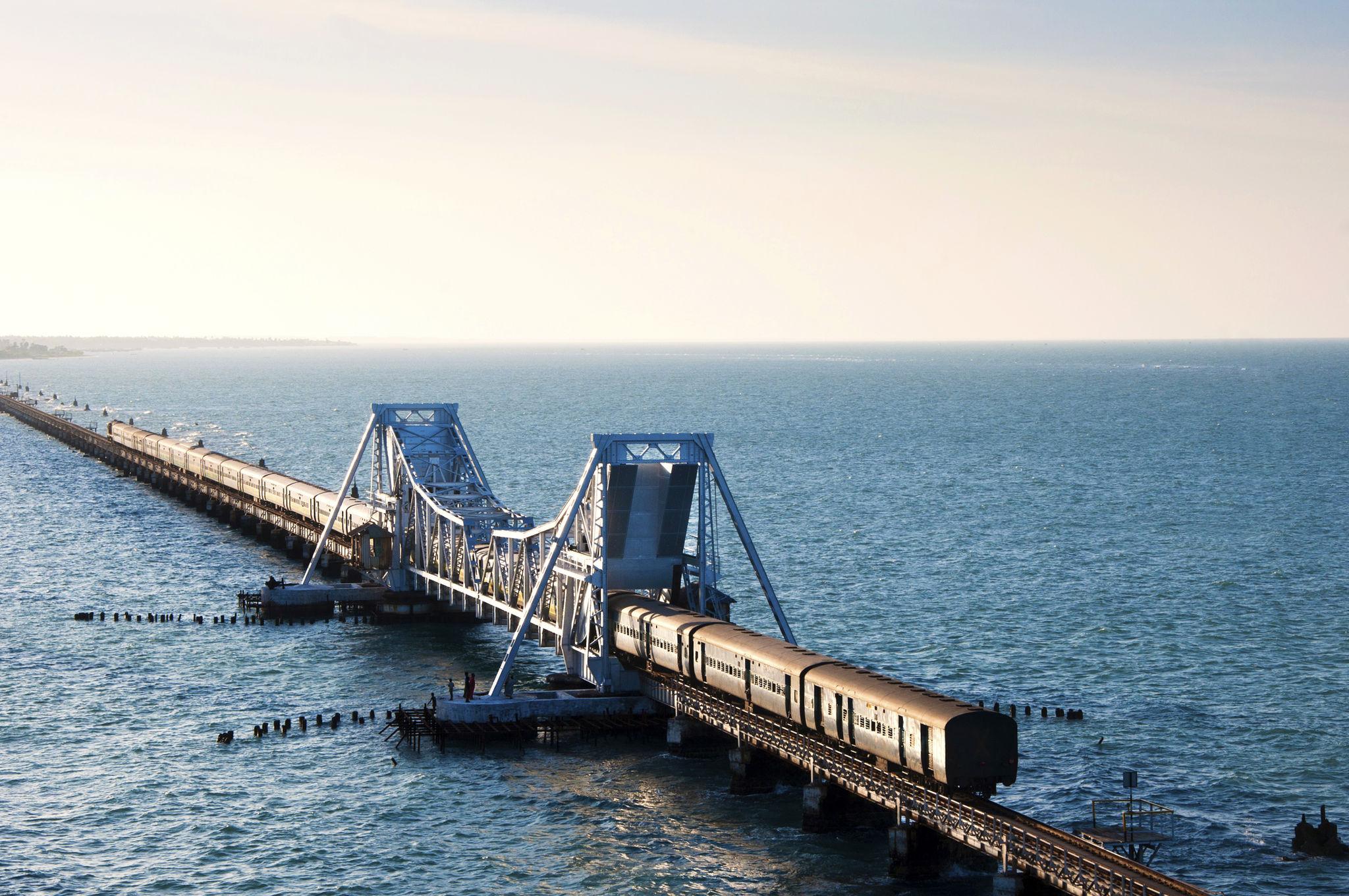 The iconic Pamban Bridge stretching across turquoise waters connecting Rameshwaram island