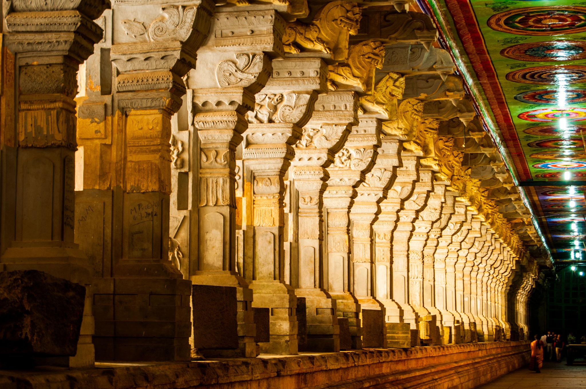 Detailed view of temple corridor pillars and architecture