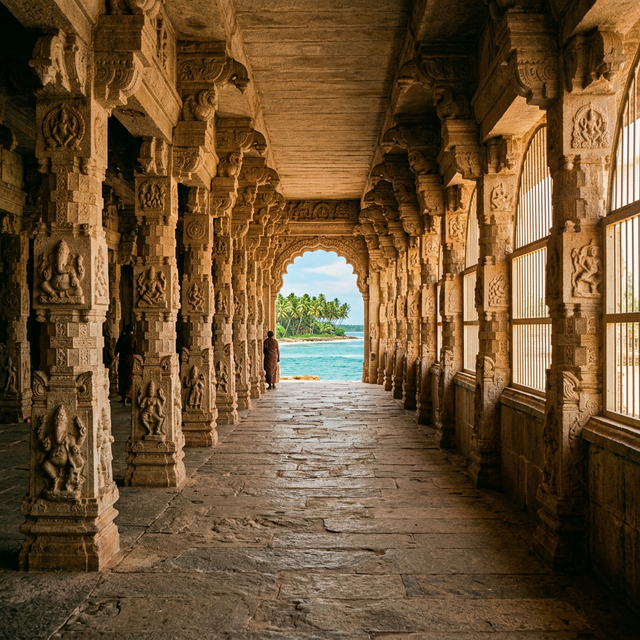 Ancient temple corridor opening to coastal vista